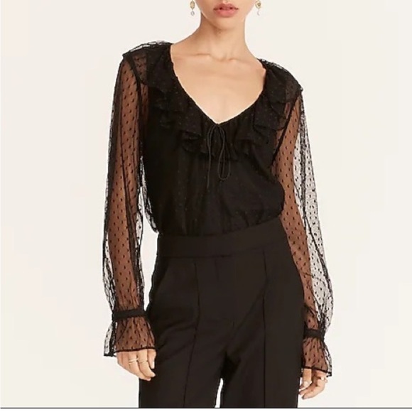 J. Crew Tops - J.Crew | Ruffleneck Sheer Top in Clip Dot balloon sleeves vneck Size small
